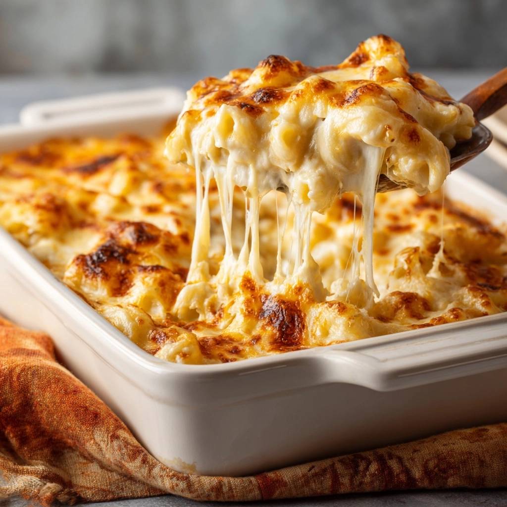Ultra creamy baked mac and cheese showing a generous cheese pull from a serving spoon.