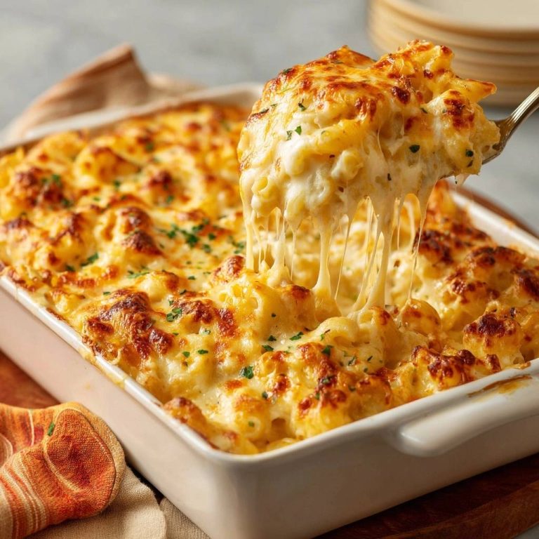 Ultra creamy baked mac and cheese with a generous scoop showing a long, gooey cheese pull.