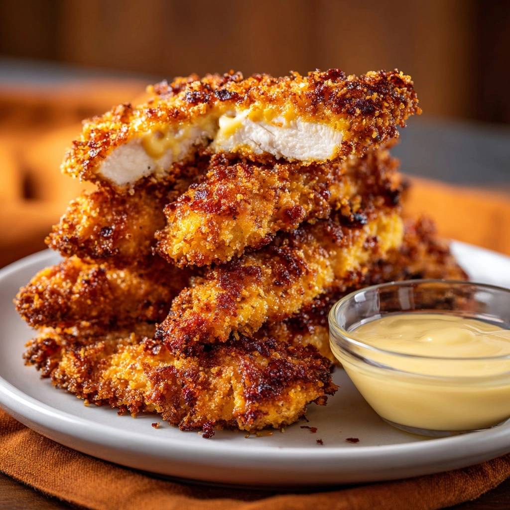 Ultra crispy chicken tenders recipe shown as a stack with a close-up cross-section and a small bowl of dipping sauce.