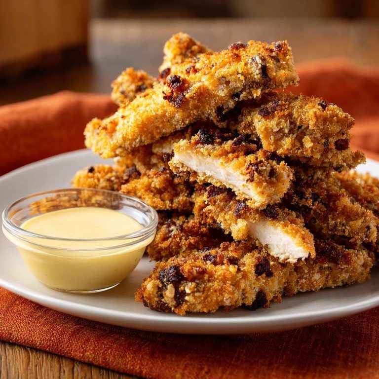 Ultra crispy chicken tenders recipe shown in a close-up cross-section with a side of dipping sauce.