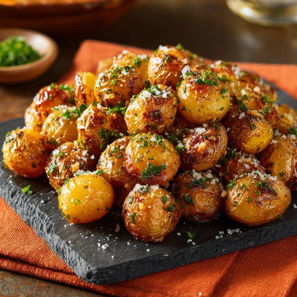 Ultra-crispy parmesan baby potatoes piled high, glistening and generously garnished with fresh parsley and grated cheese.