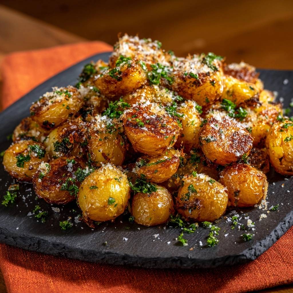 Ultra-Crispy Parmesan Baby Potatoes piled high on a dark slate platter and garnished with parsley.