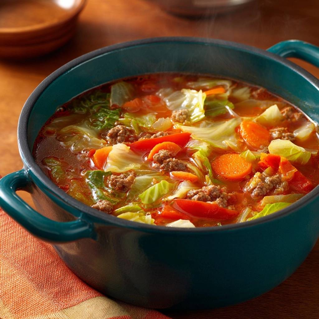 Unstuffed cabbage roll soup steaming in a teal Dutch oven, showcasing tender cabbage, carrots, and ground meat.