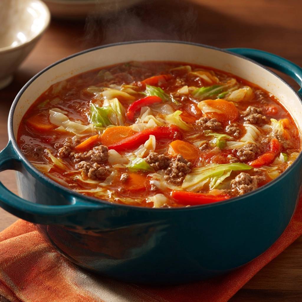 Unstuffed cabbage roll soup steaming in a teal Dutch oven with cabbage, carrots, and red peppers visible.
