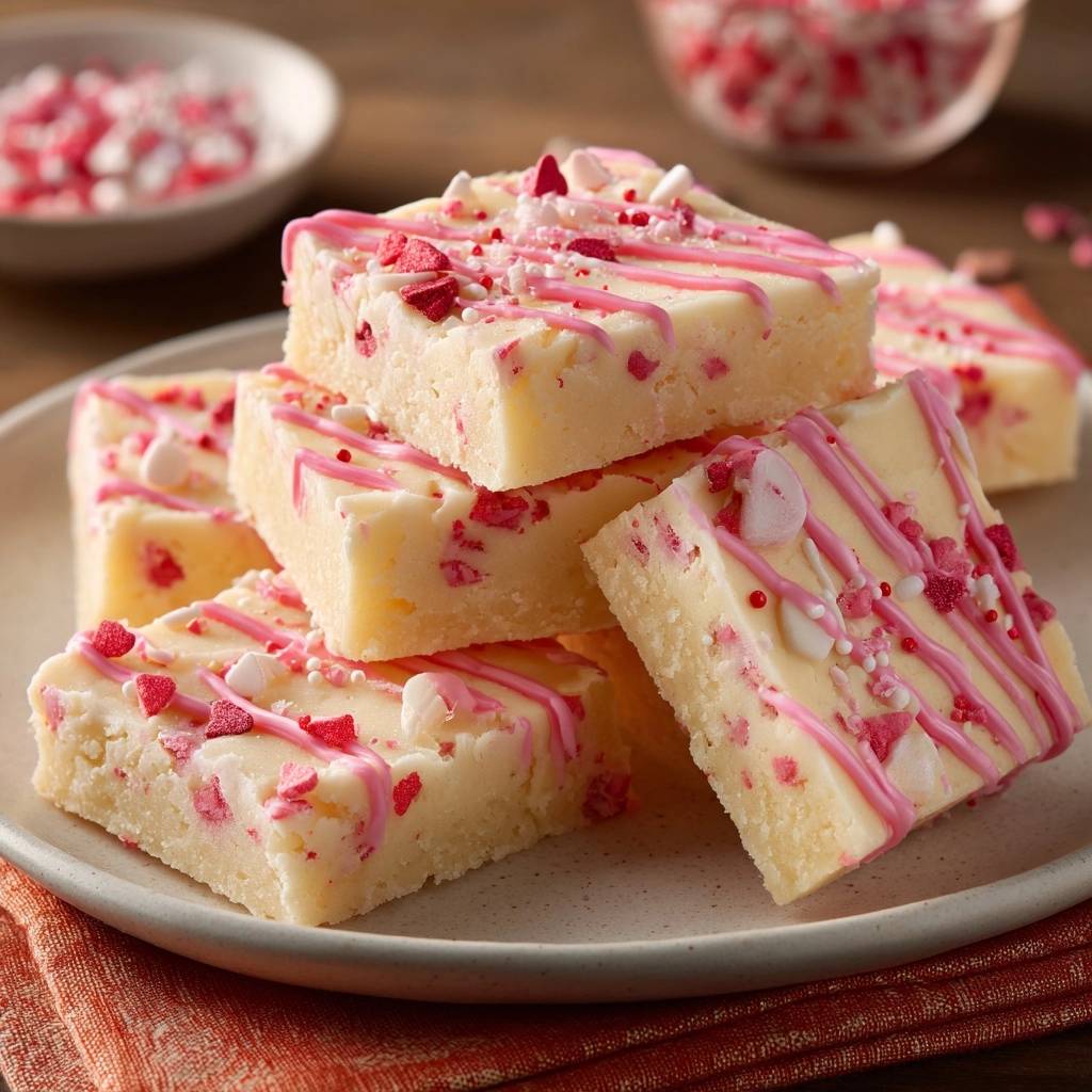 Valentine's White Chocolate Heart Fudge stacked on a plate, drizzled with pink icing and sprinkled with heart-shaped candies.