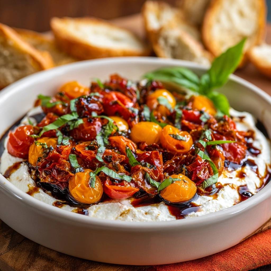 Whipped feta burst tomato dip recipe topped with fresh basil and a balsamic glaze.