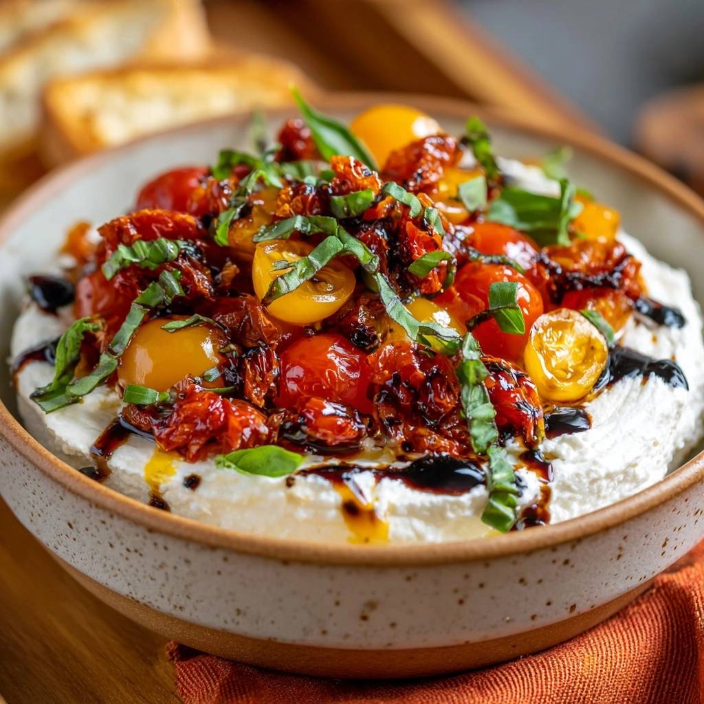 Whipped feta burst tomato dip topped with fresh basil and glistening tomatoes, drizzled with balsamic glaze.