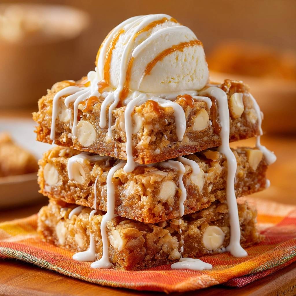 White Chocolate Macadamia Blondies stacked high and topped with a scoop of vanilla ice cream drizzled with caramel.