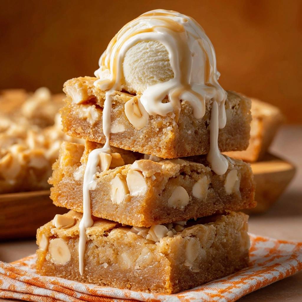 White Chocolate Macadamia Blondies stacked high, topped with a scoop of melting ice cream and a drizzle of sauce.