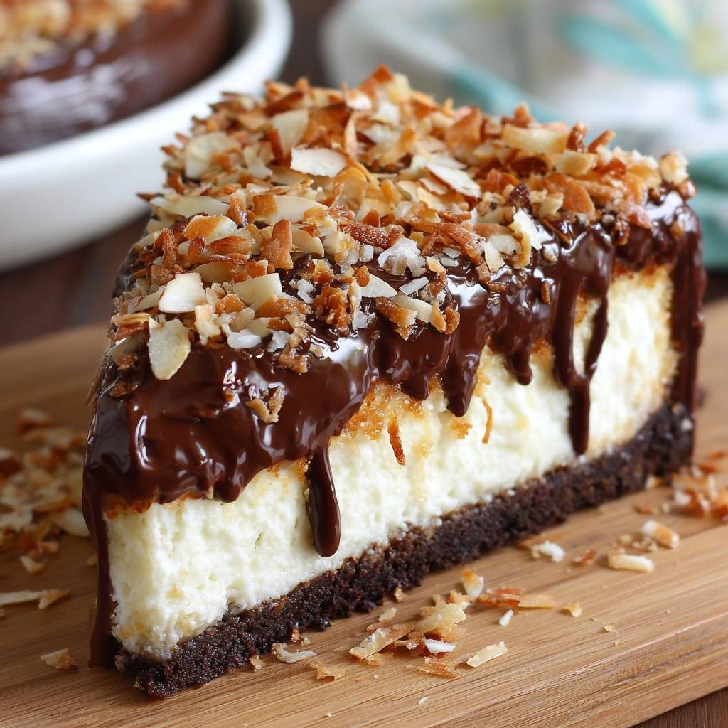 Almond Joy Cheesecake slice featuring a rich chocolate ganache and toasted coconut almond topping on a chocolate cookie crust.