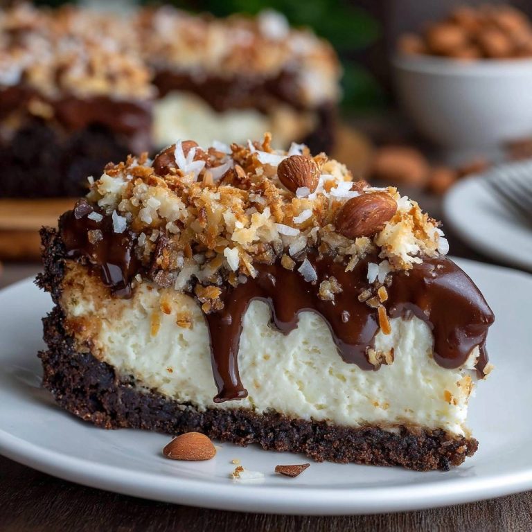 Almond Joy Cheesecake, a close-up of a single slice showing the creamy filling, chocolate drizzle, and toasted coconut almond topping.