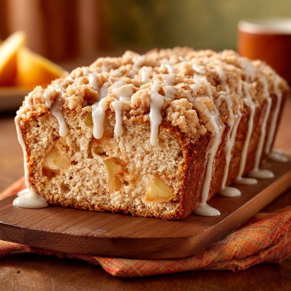 Apple streusel bread with no-sink apples, showcasing a close-up slice with drippy icicle-like white glaze.
