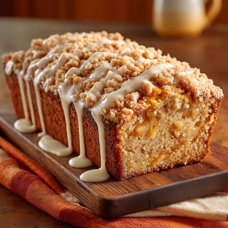 Apple streusel bread with streusel topping and drizzled glaze on a wooden board.