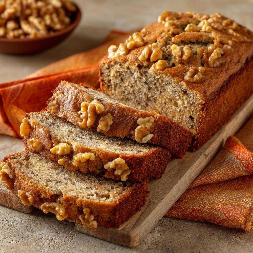 Apple walnut bread, showing a close-up view of sliced bread with visible walnuts and the texture of the crumb.