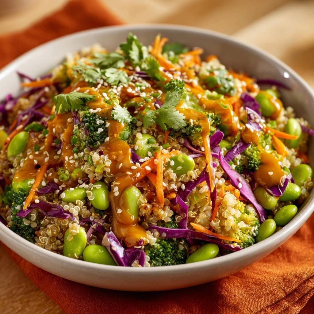 Vibrant Asian Quinoa Power Bowl recipe, generously drizzled with a rich, savory sauce and topped with sesame seeds.