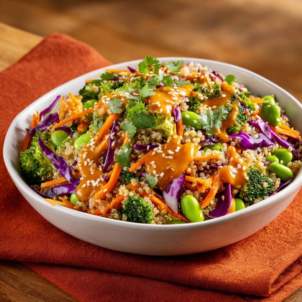 Vibrant Asian Quinoa Power Bowl recipe shown with a close-up view of the colorful ingredients drizzled with sesame dressing.