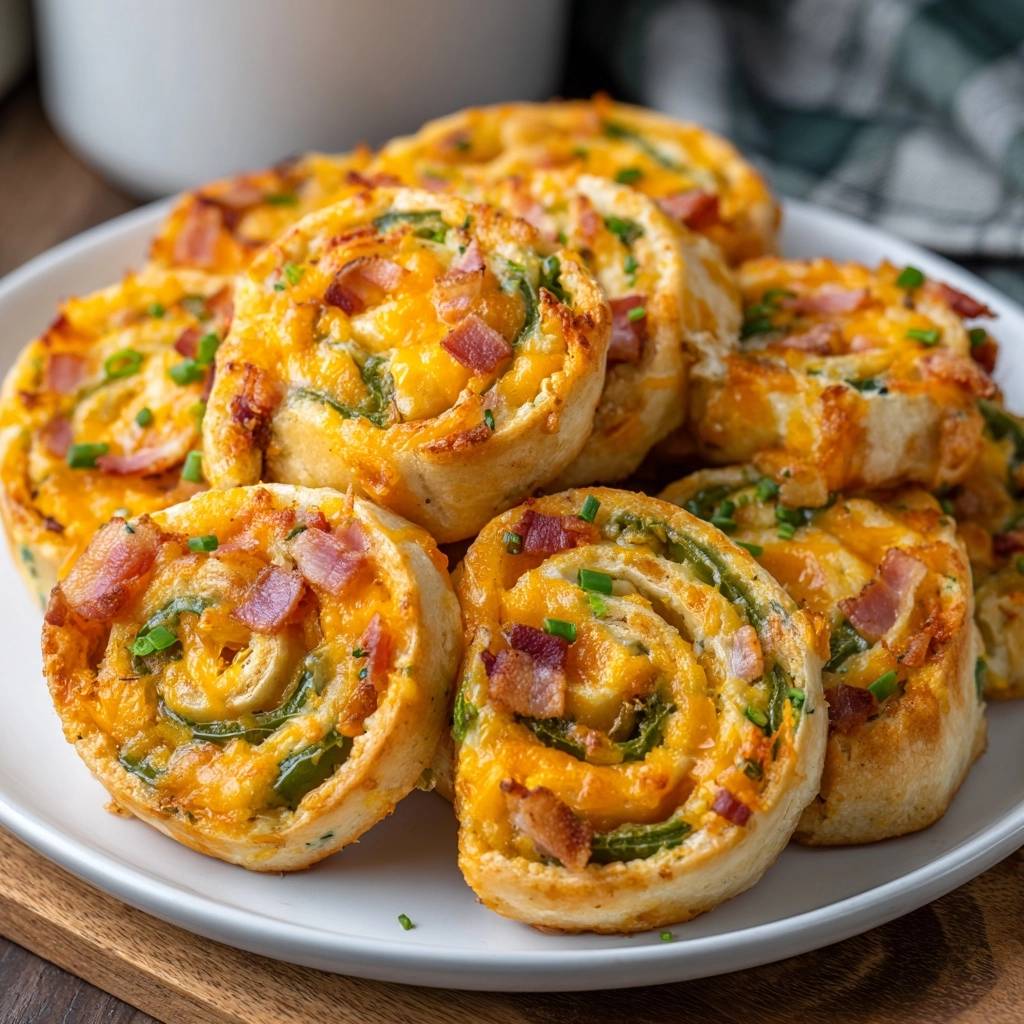 Bacon cheddar jalapeño pinwheels arranged closely on a white plate, showcasing their cheesy, bacon-filled swirls.