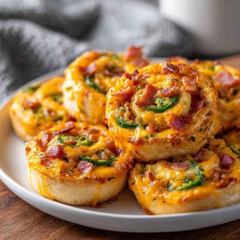 Bacon cheddar jalapeño pinwheels are piled high on a white plate, showcasing a close-up view of their savory toppings.