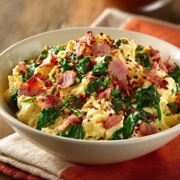Bacon spinach scrambled eggs in a white bowl, topped with red pepper flakes and served on a napkin.