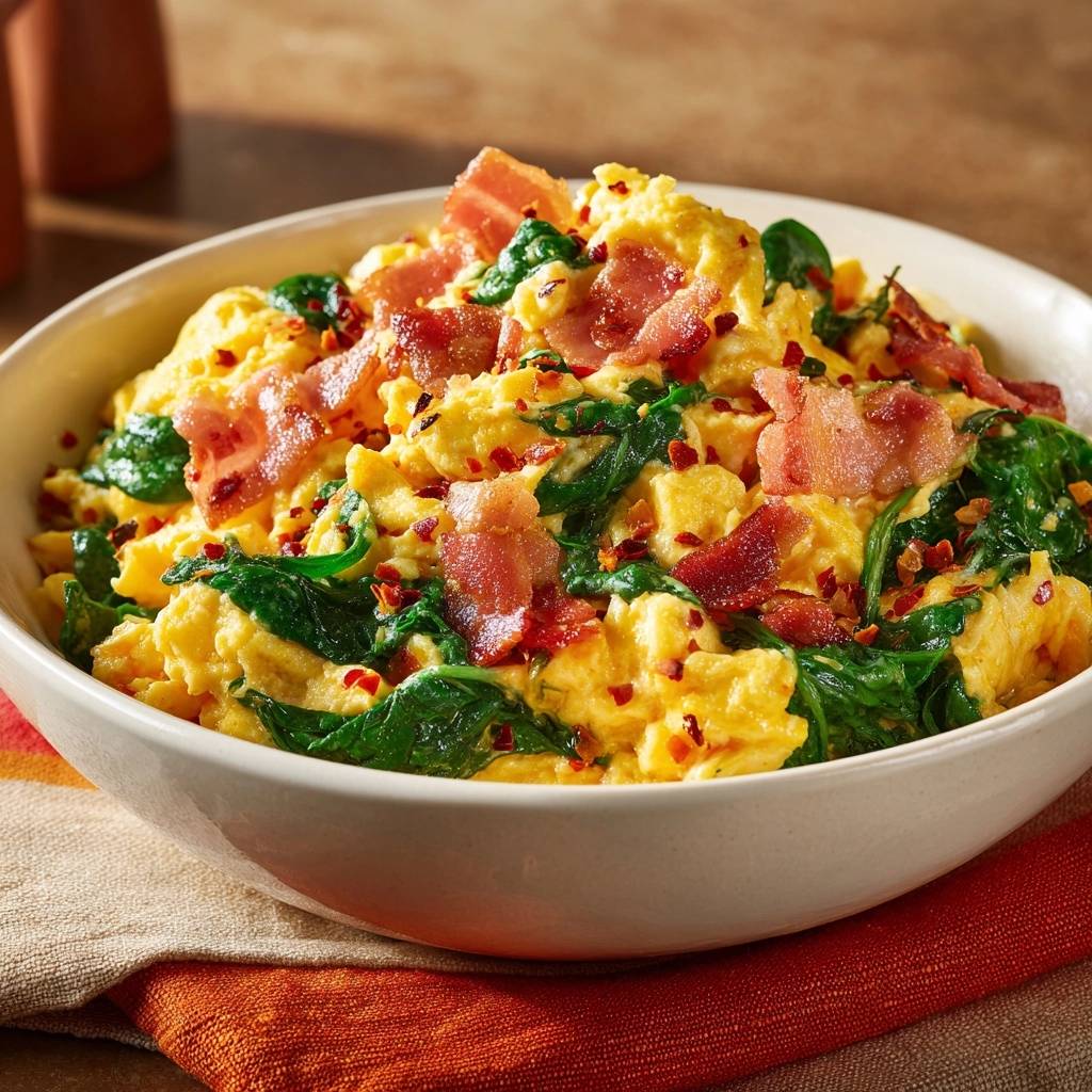 Bacon spinach scrambled eggs showing a fluffy texture with wilted greens and chili flakes.