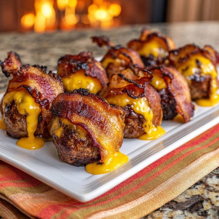 Bacon wrapped cheeseburger meatballs with gooey melted cheese oozing from the sides on a white platter.