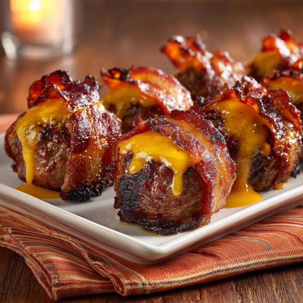 Bacon wrapped cheeseburger meatballs with melted cheddar cheese oozing over the top, a close-up detail shot.