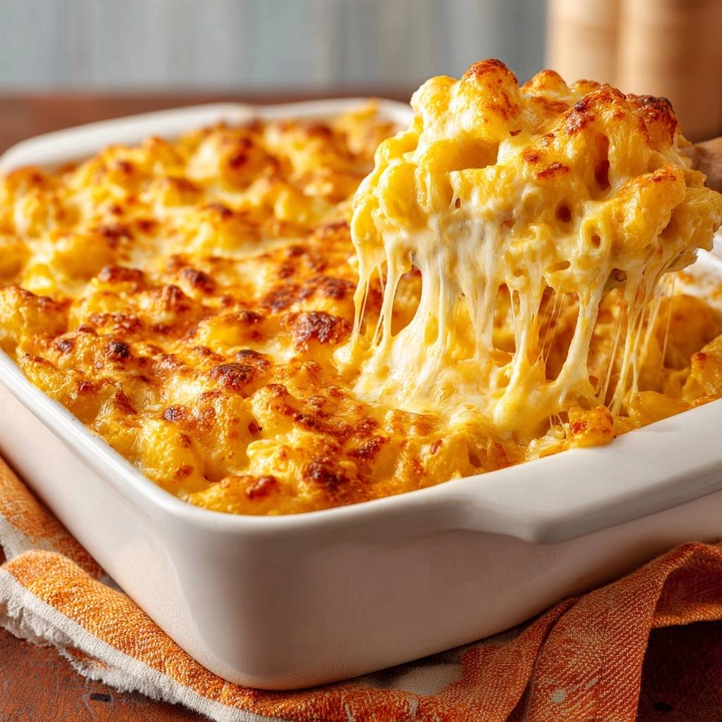 Baked mac and cheese with a gooey cheese pull being lifted from a white baking dish.