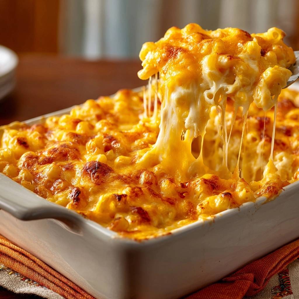 Baked mac and cheese with silky smooth sauce, with a serving spoon lifting a portion showing stretchy, melted cheese.
