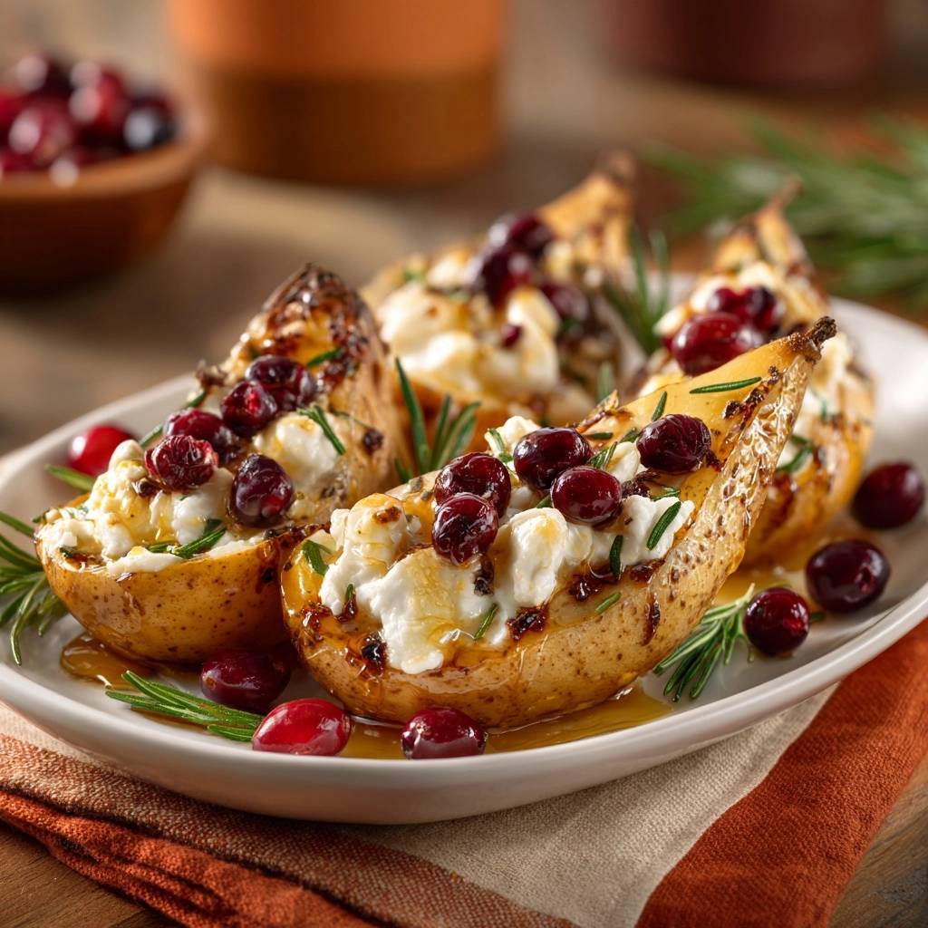 Baked pears with goat cheese and cranberries served on a white plate, a close-up view of the toppings.