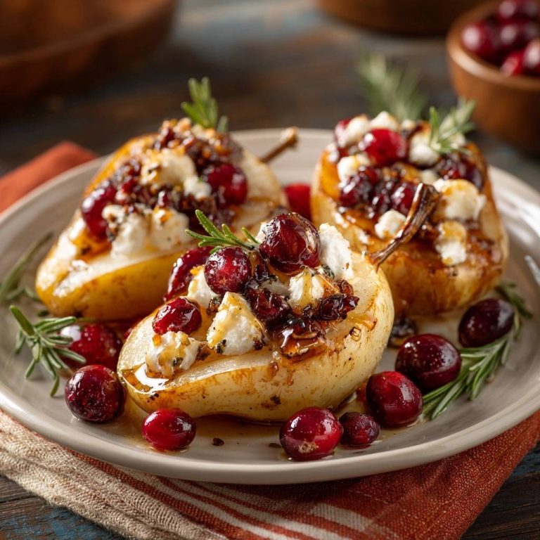 Baked pears with goat cheese and cranberries, served on a plate with a close-up view of the toppings and fresh herbs.