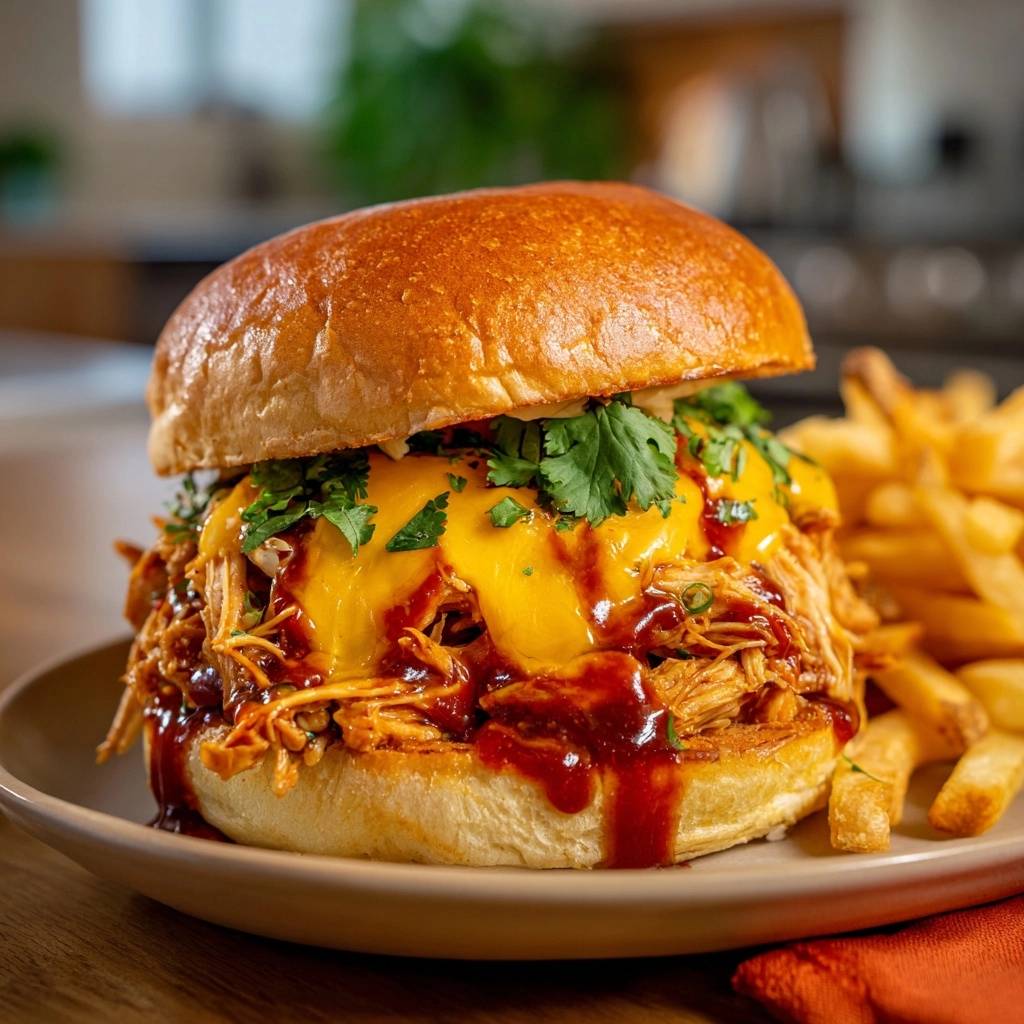 Loaded BBQ pulled chicken sandwich recipe featuring a close-up view of melted cheddar cheese and fresh cilantro garnish.