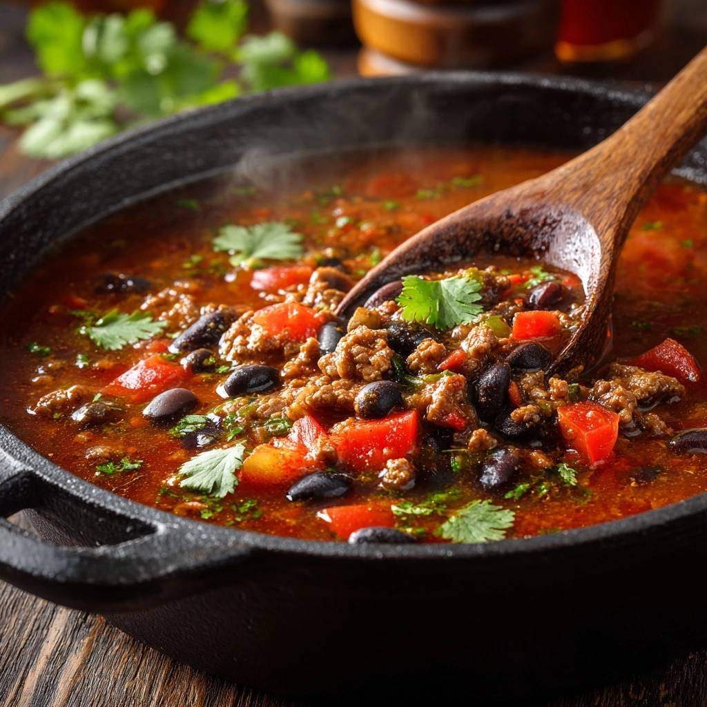 Hearty beef black bean chili recipe shown in a cast iron pot with a wooden spoon lifting a spoonful.