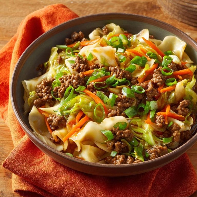 Beef cabbage noodle stir-fry served in a rustic bowl, showcasing a close-up view of the tender noodles, ground beef, and crisp vegetables.