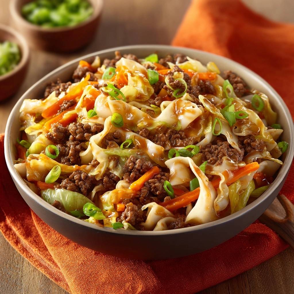 Beef cabbage noodle stir-fry served in a bowl, generously garnished with chopped green onions.