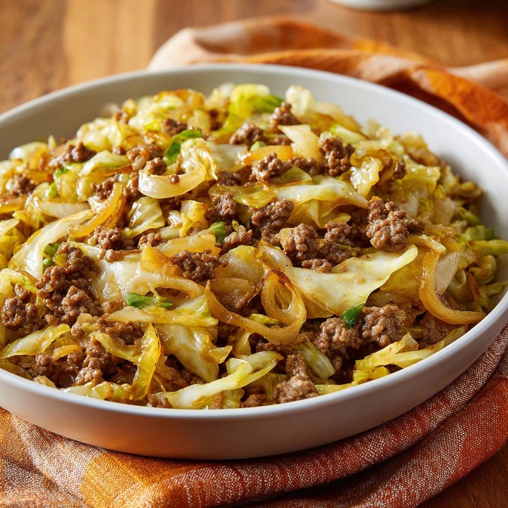 Beef and cabbage skillet served in a white bowl, showcasing the tender ground beef and sautéed cabbage mixture.