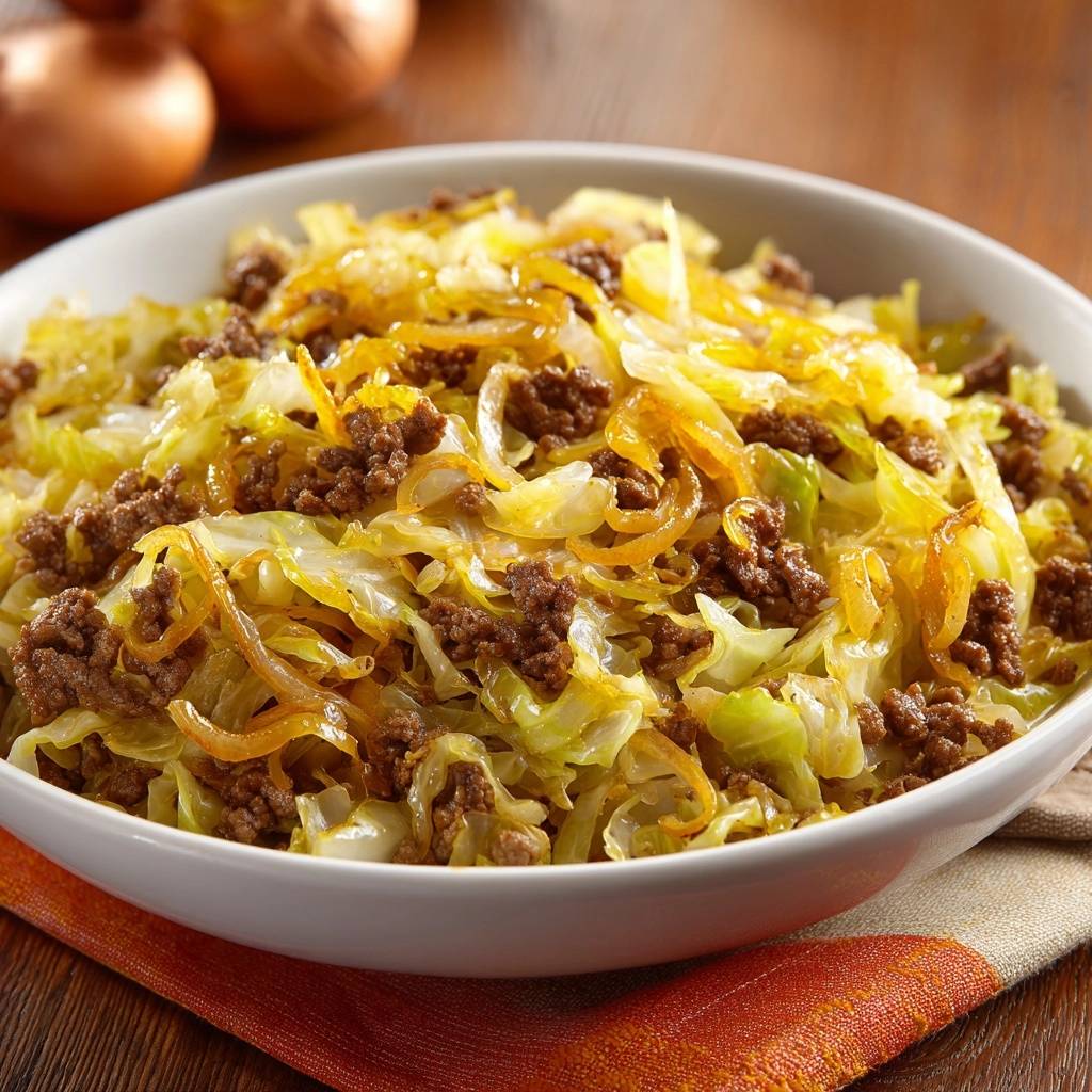 Beef and cabbage skillet served in a white bowl, showcasing the mixture of ground beef and sauteed cabbage.