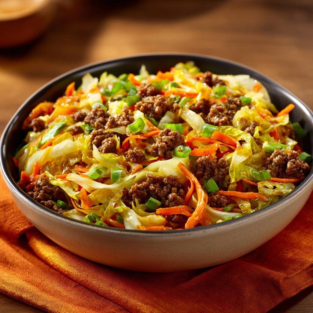 Beef cabbage stir-fry served in a bowl, showcasing the texture of the ground beef and vegetables with a garnish of green onions.