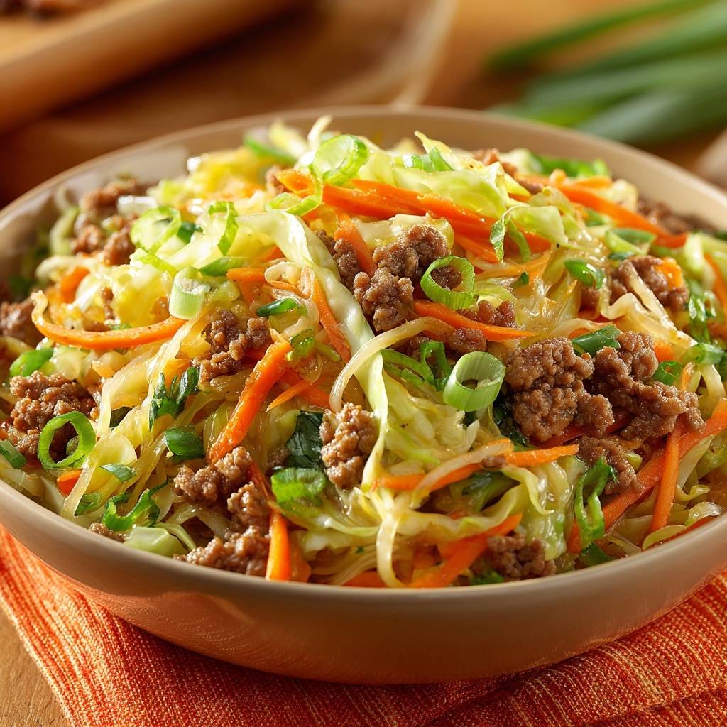 Beef Cabbage Stir-Fry served in a bowl showing a close-up view of the ingredients and texture.