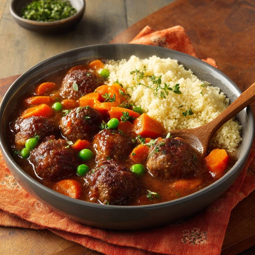 Juicy beef meatballs in carrot-pea stew over couscous with a wooden serving spoon.