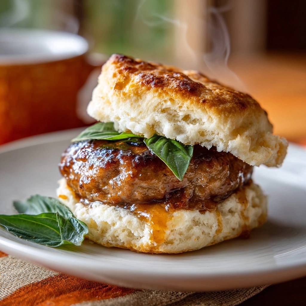 Flaky biscuit honey-glazed beef patties served on a plate with fresh basil and steam rising.