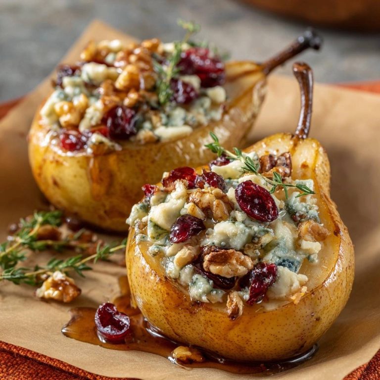 Blue cheese, walnut & cranberry stuffed baked pears with a close-up detail of the filling and garnish.