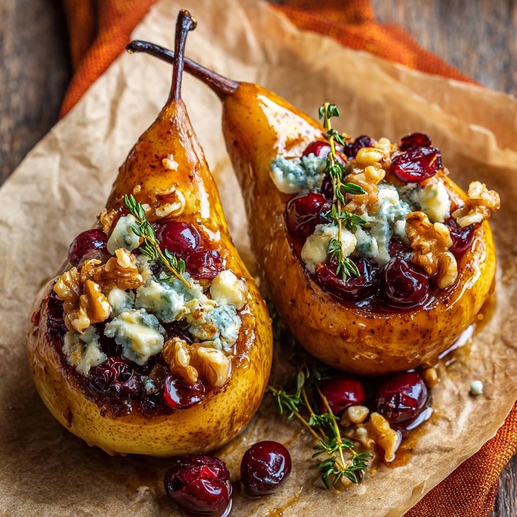 Blue cheese, walnut & cranberry stuffed baked pears shown in a close-up view with a rich glaze.