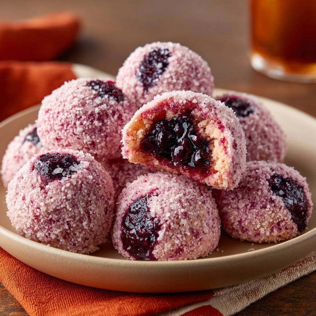 Gooey blueberry jam sugar balls recipe shown in a close-up cross-section revealing the jam filling.