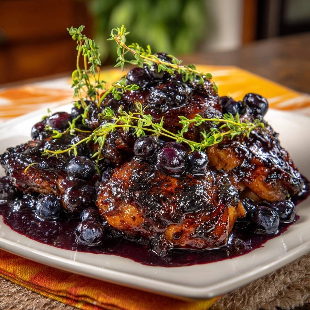 Blueberry thyme chicken thighs glazed with fresh blueberries and garnished with thyme sprigs on a white plate.