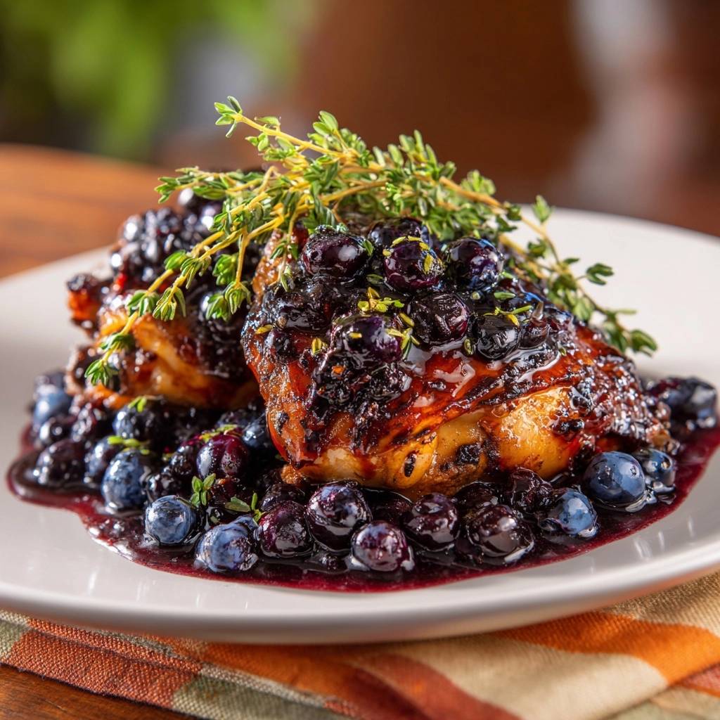 Blueberry thyme chicken thighs plated with a close-up view of the glossy sauce and fresh blueberries.