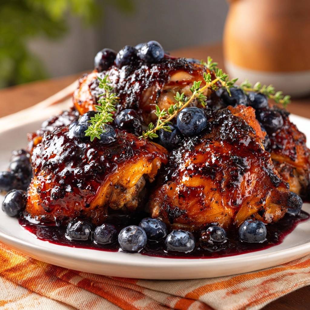 Blueberry thyme glazed chicken thighs with fresh blueberries and thyme sprigs as a garnish on a white plate.