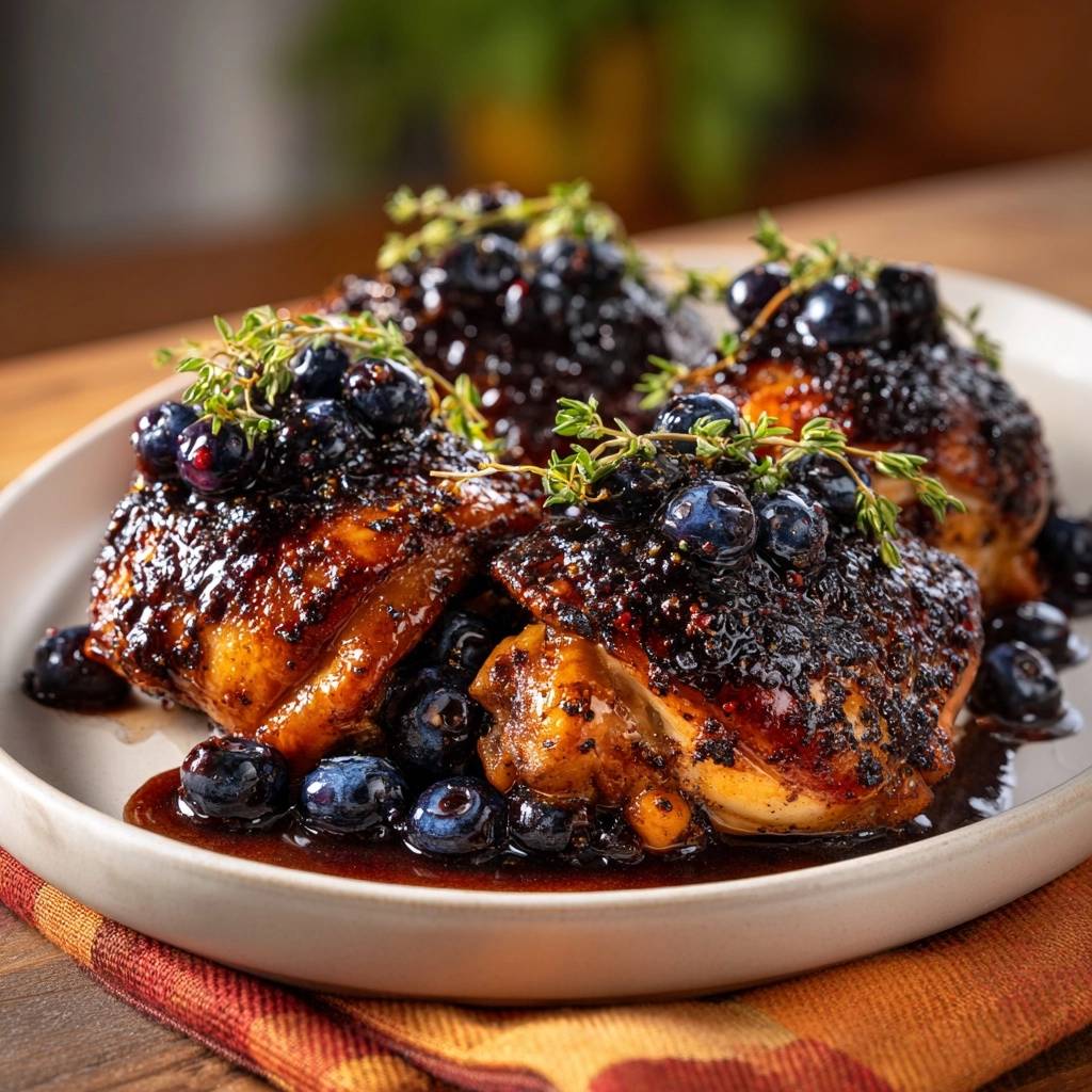 Blueberry thyme glazed chicken thighs plated with a rich glaze and fresh blueberries, garnished with thyme sprigs.