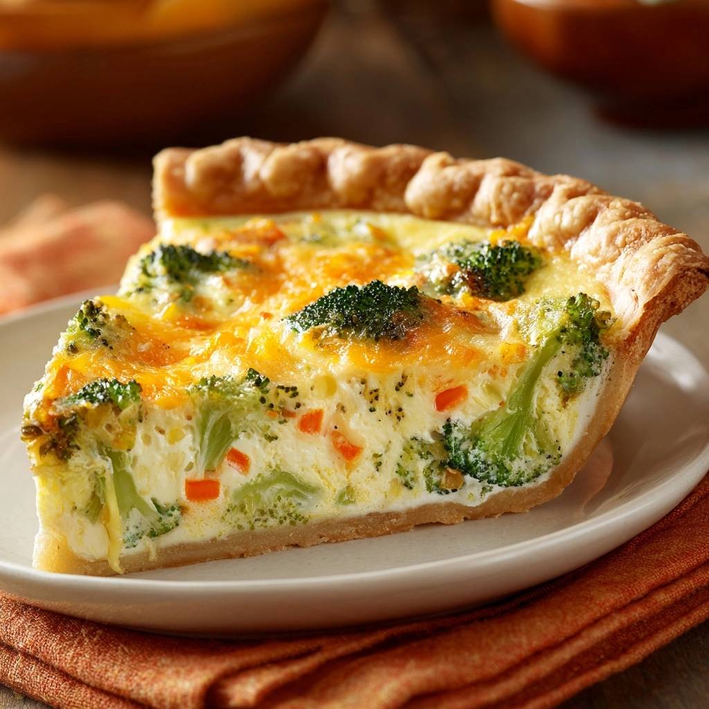 Broccoli cheddar carrot quiche slice showing a detailed cross-section of the savory egg filling with vegetables and cheese.