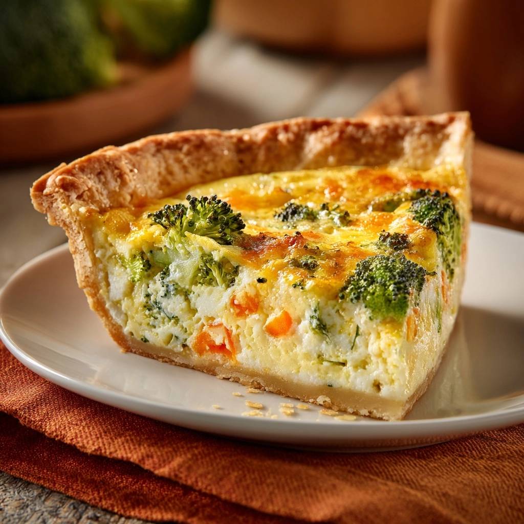 Broccoli cheddar carrot quiche slice showing a golden crust and fluffy interior with visible vegetables.