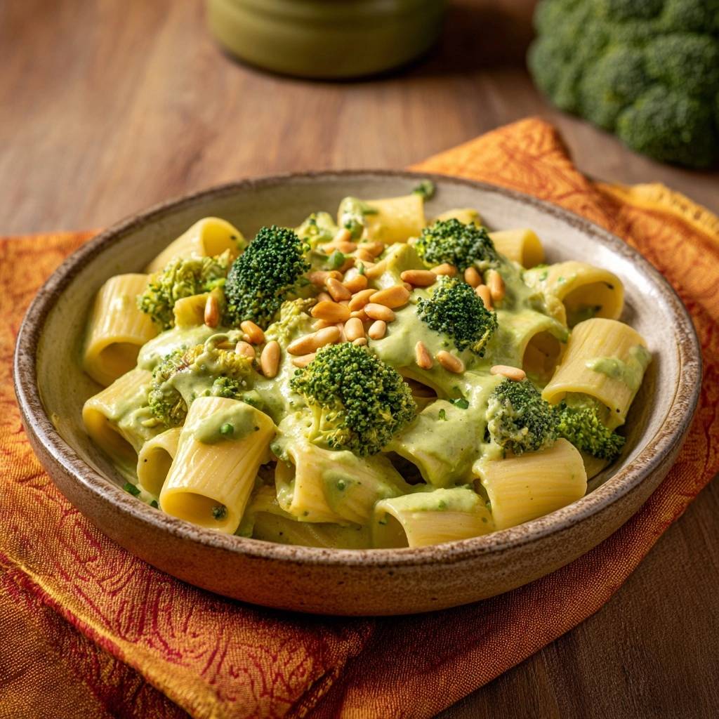 Broccoli pesto rigatoni with crisp florets and pine nuts, shown in a close-up bowl view.